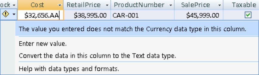 The warning Access displays when entering data that doesn’t match the field’s data type. Access gives you a few choices to correct the problem.